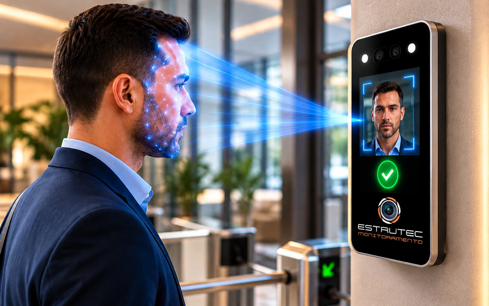 Homem em frente ao leitor de biometria facial da Estrutec com acesso liberado