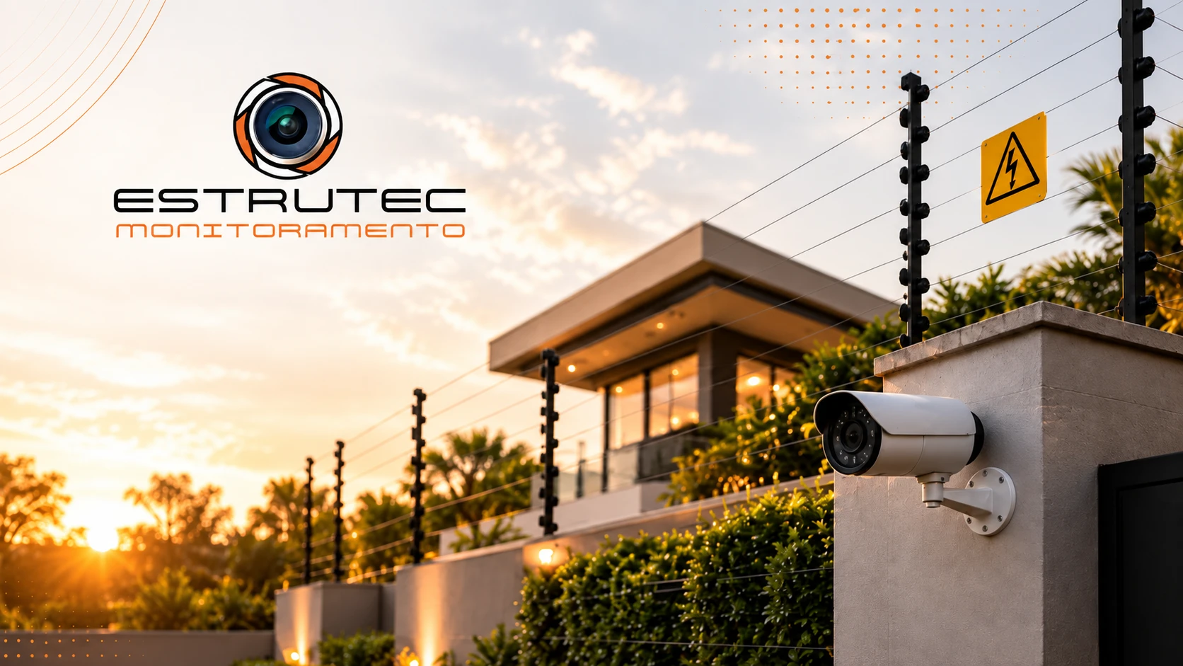 Cerca elétrica no muro de uma casa ao pôr do sol, com câmera de segurança e o logotipo da Estrutec