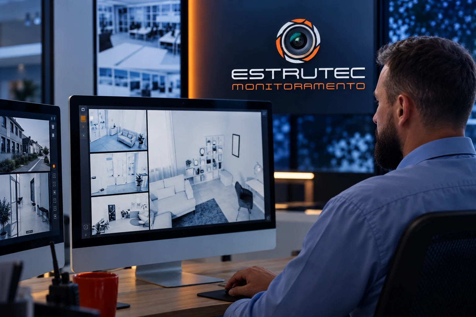 Operador da central Estrutec acompanhando as imagens das câmeras em monitores, com o logotipo da Estrutec ao fundo