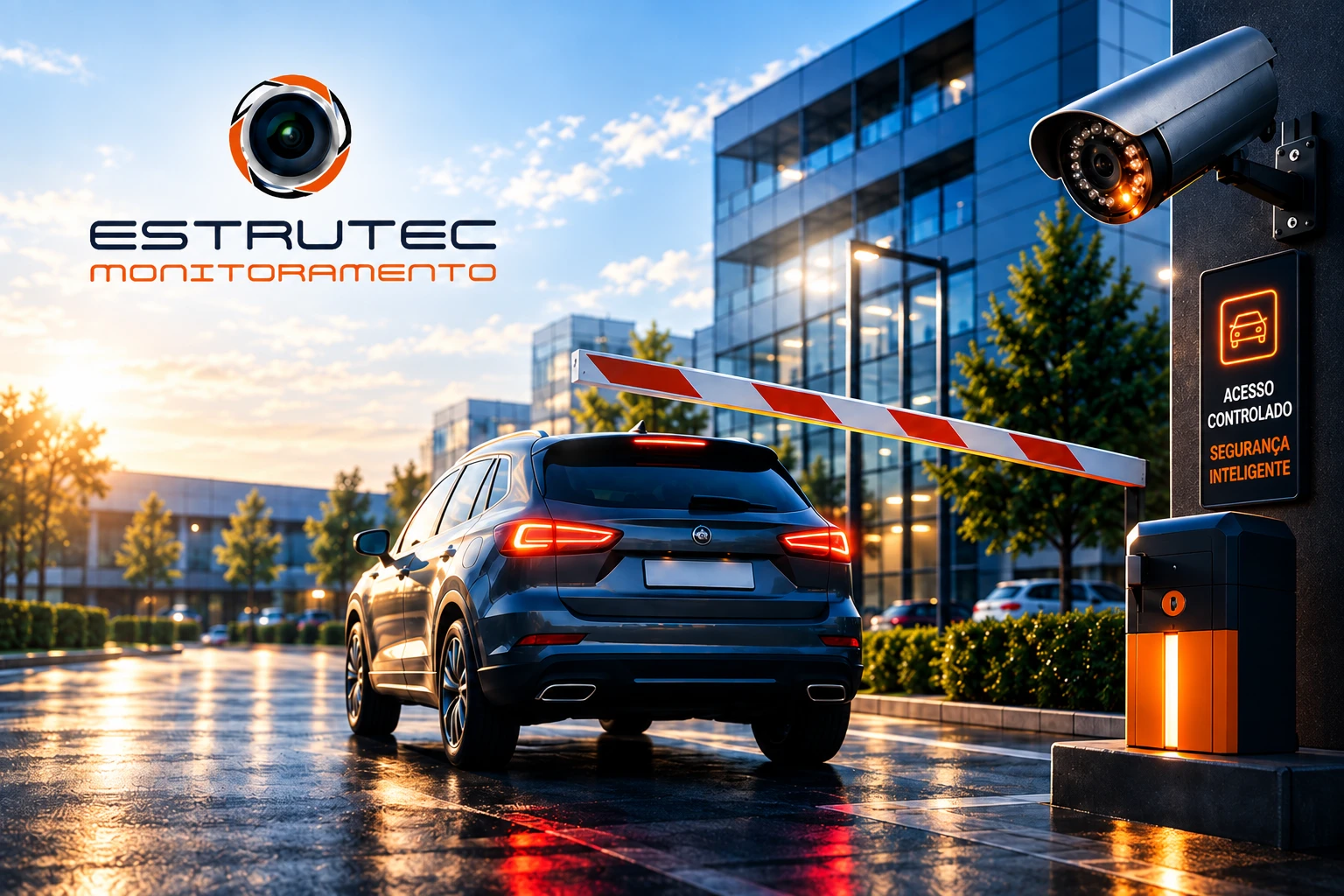 Carro passando por uma cancela com câmera de segurança e placa de acesso controlado, com o logotipo da Estrutec