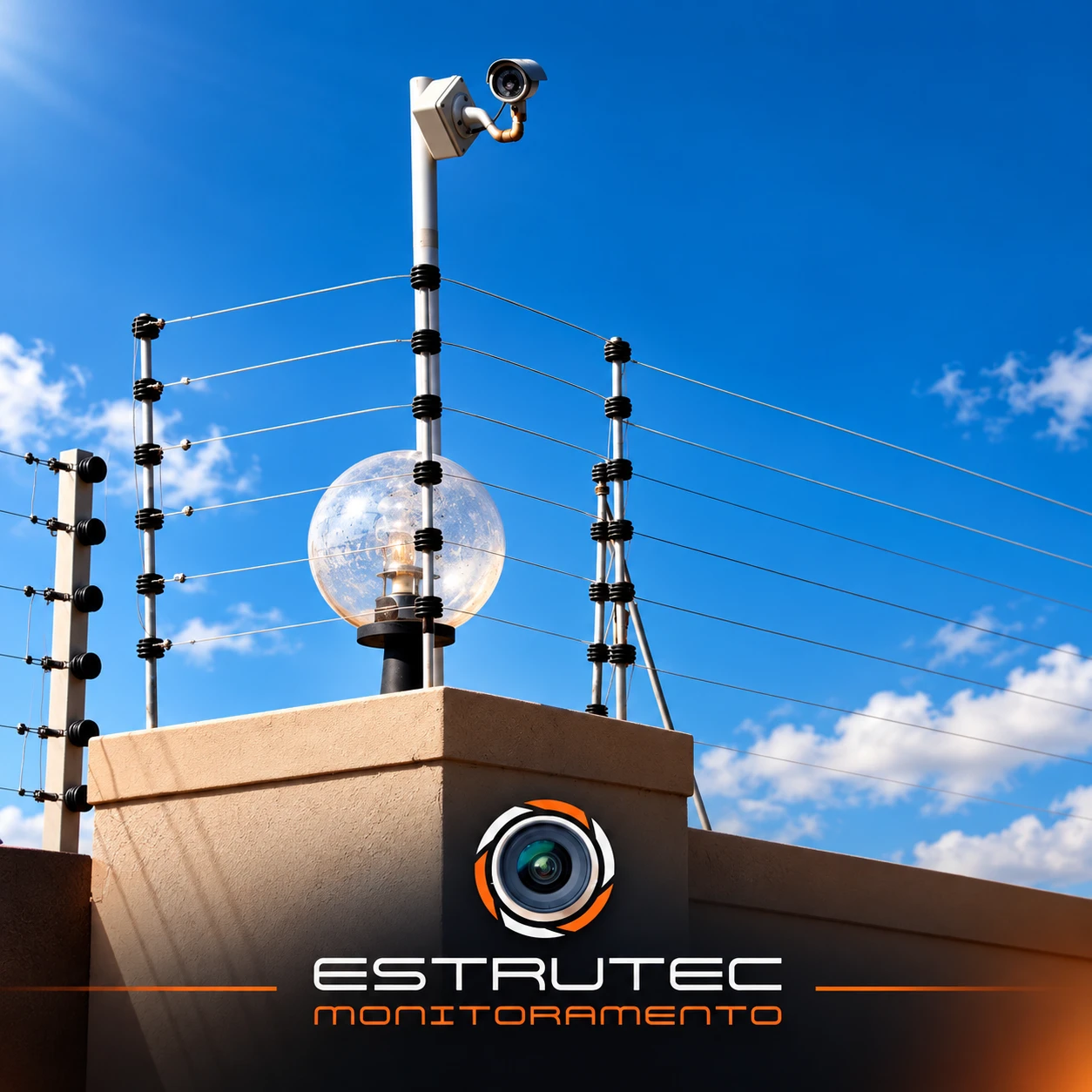 Cerca elétrica no alto de um muro com câmera de segurança e o logotipo da Estrutec