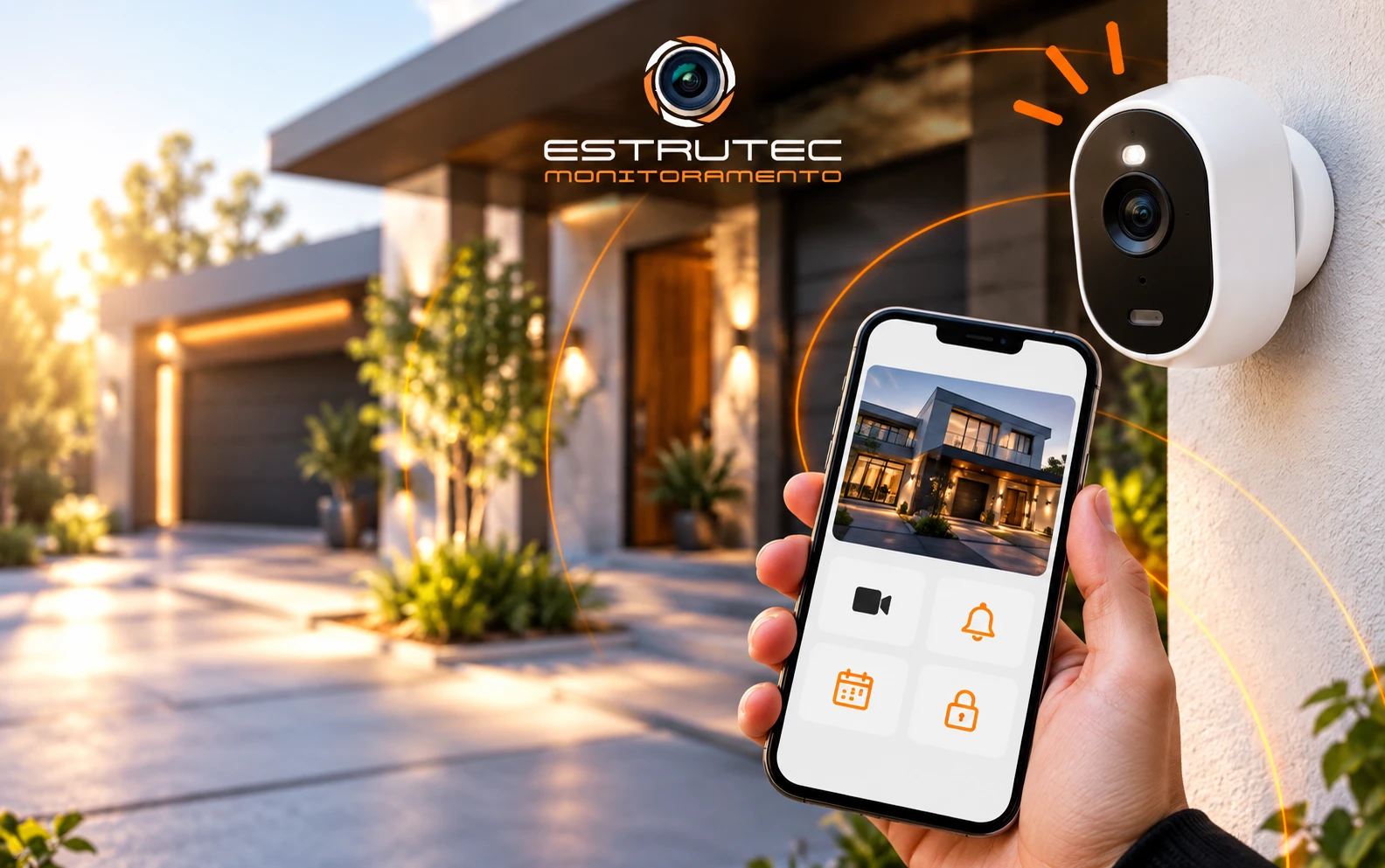 Câmera de segurança na parede de uma casa e celular com o aplicativo da Estrutec mostrando a fachada, com o logotipo da Estrutec